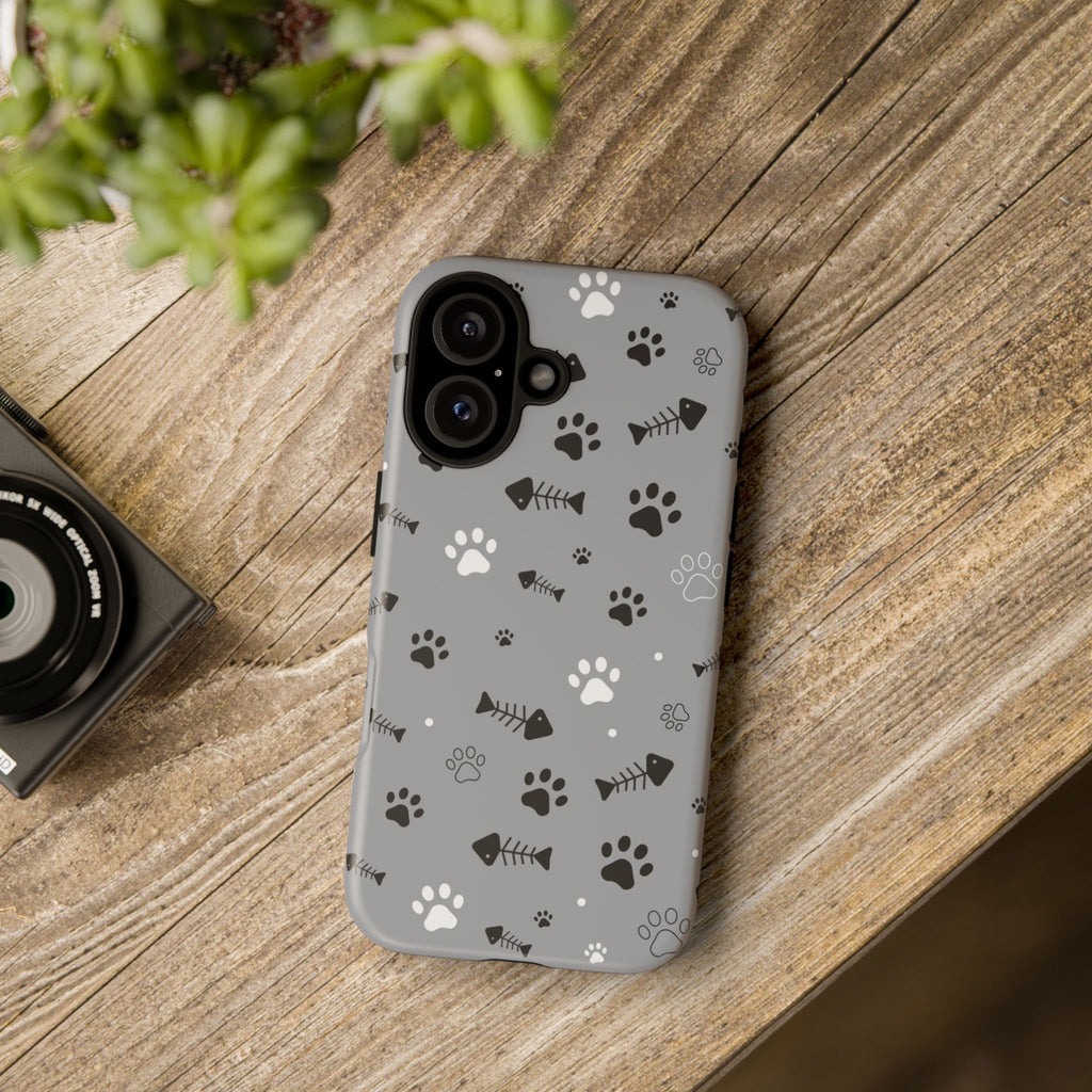 Paw Print Phone Case — Grey Cute Cat & Dog Paw Pattern Tough Case