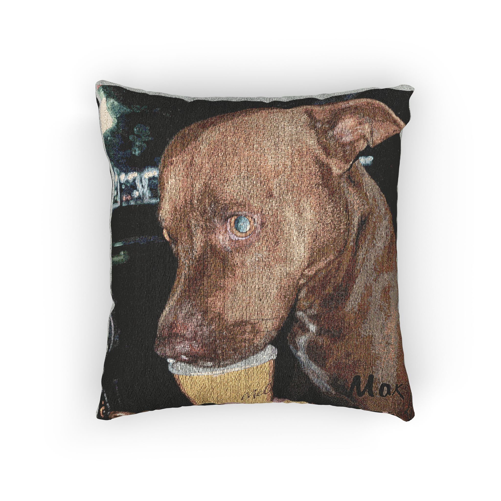Woven Pillow — “My Best Friend Enjoying His Pup Cup” Dog Lover Decorative Pillow