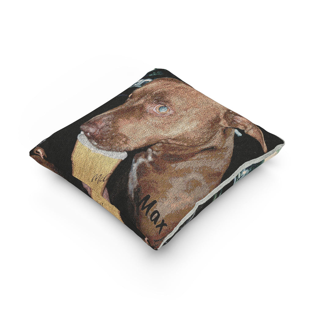 Woven Pillow — “My Best Friend Enjoying His Pup Cup” Dog Lover Decorative Pillow