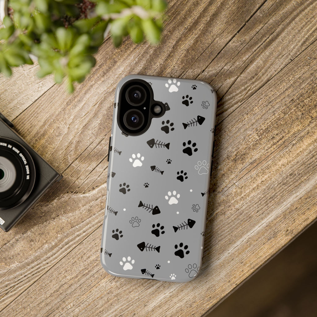 Paw Print Phone Case — Grey Cute Cat & Dog Paw Pattern Tough Case